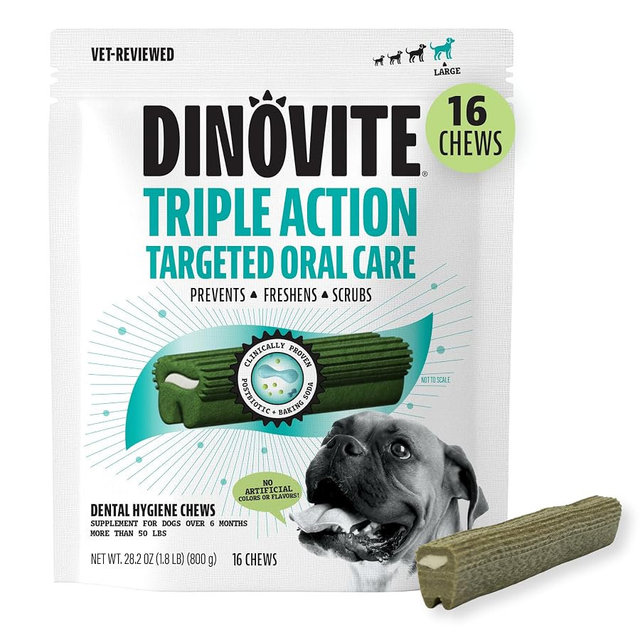 Dinovite Dental Chews for Dogs, Triple Action Dental Dog Treats for Large Breeds, Clinically Proven to Prevent Plaque & Tartar While Freshening Breath, Fresh Mint Flavor, Made in USA, 16 Count