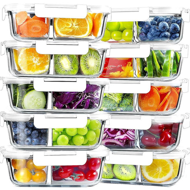 VERONES 10 Pack Glass Meal Prep Containers 2 Compartment Set, 30 OZ Airtight Glass Lunch Containers, Food Storage Containers with Lids, for Microwave, Oven, Freezer & Dishwasher Friendly，White