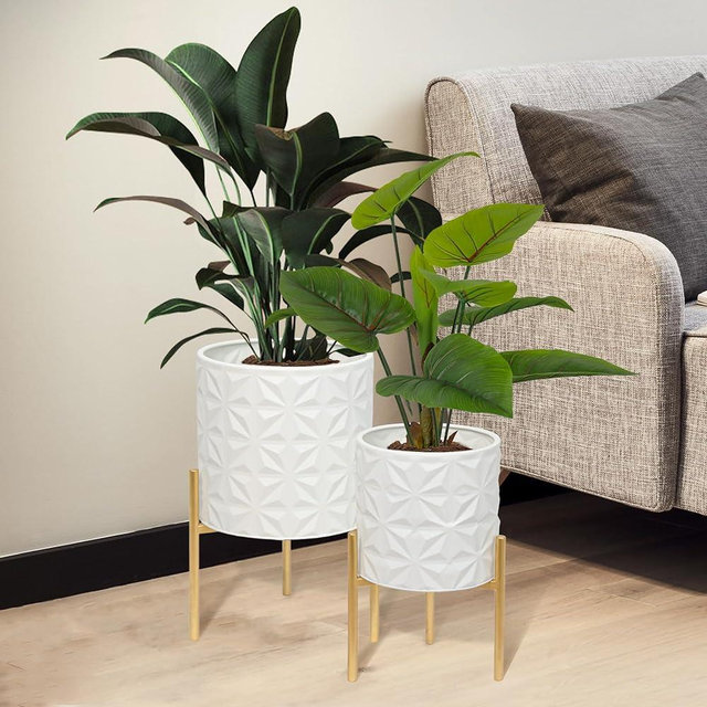 ARNIS Modern Planter Pots, Large Planters with Stand, Decorative Planters, Metal Pots with Drainage Holes for Living Room, Office, Garden or Balcony, 8 &10.25 Inch, Matte White