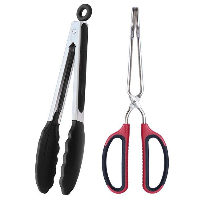 HINMAY 10" Kitchen Food Tongs Set, Scissor Tongs and Silicone Cooking Tongs
