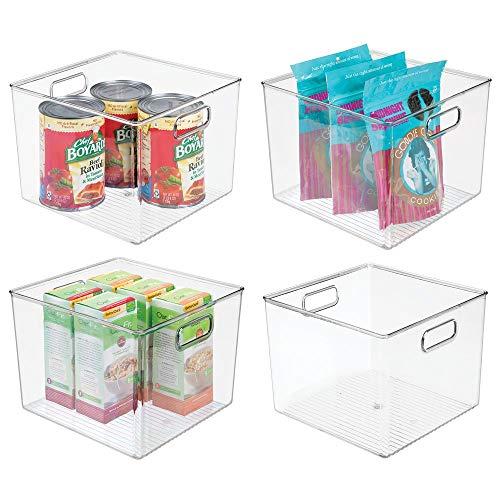 mDesign Plastic Food Storage Container Bin with Handles - for Kitchen, Pantry, Cabinet, Fridge/Freezer - Large Organizer for Snacks, Produce, Vegetables, Pasta - BPA Free, 10" Square, 4 Pack - Clear