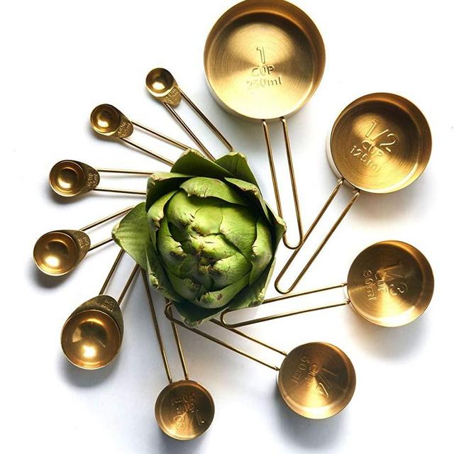 Akurn 10-Piece Measuring Cup and Spoon Set, Includes 5 Measuring Cups and 5 Measuring Spoons, Gold-Plated Stainless Steel Measuring Cups and Spoons, Dishwasher Safe