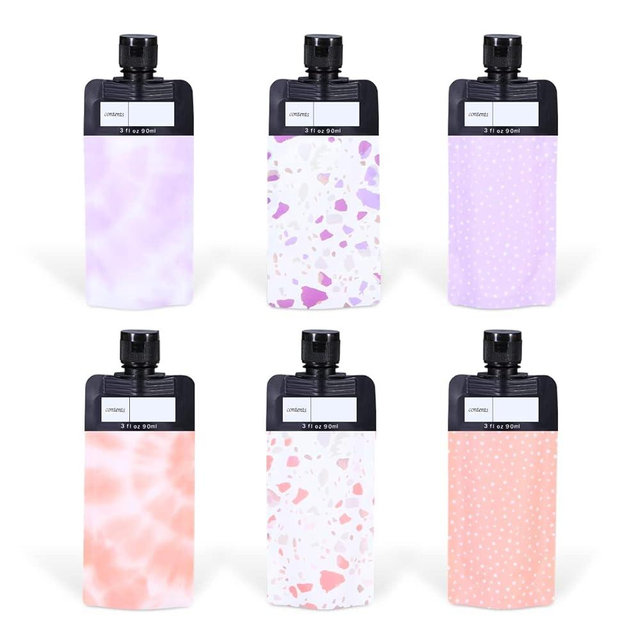 ASEVAT 3 oz 6pack Leak Proof Empty Squeeze Pouches Refillable Travel Size Containers Liquid Pouch Cosmetic Container TSA Approved Bag