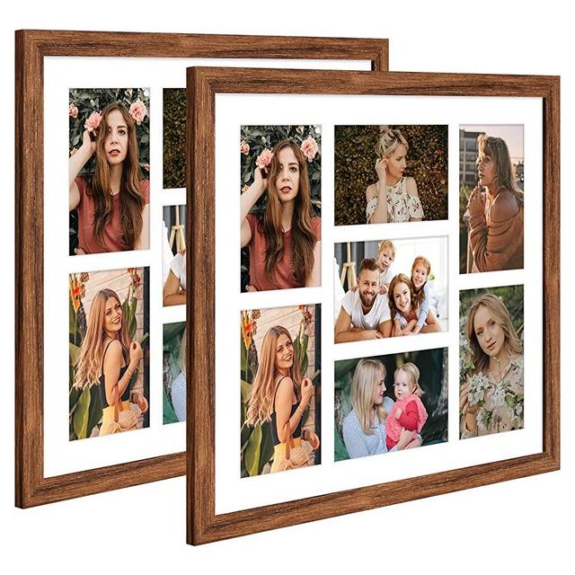 KSROECUD 13.5X15.5 Collage frame with 7 Openings 4X6 Pictures, Multiple Picture Frame with Mat, Wall or Tabletop Decor, Carbonized Brown Wood Grain,2 Pack