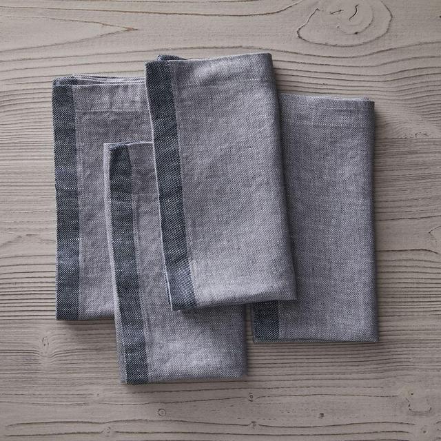 Contrast Border Linen Napkins, Storm Gray, Set of 4, 18"x18"
