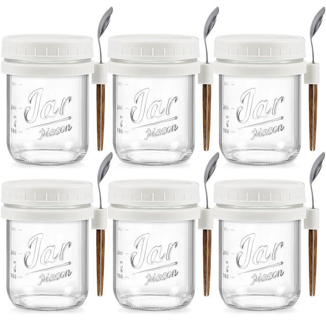 LANDNEOO 6 Pack Overnight Oats Containers with Lids and Spoons, 16 oz Glass Mason Overnight Oats Jars, Large Capacity Airtight Jars for Milk, Cereal, Fruit(White)