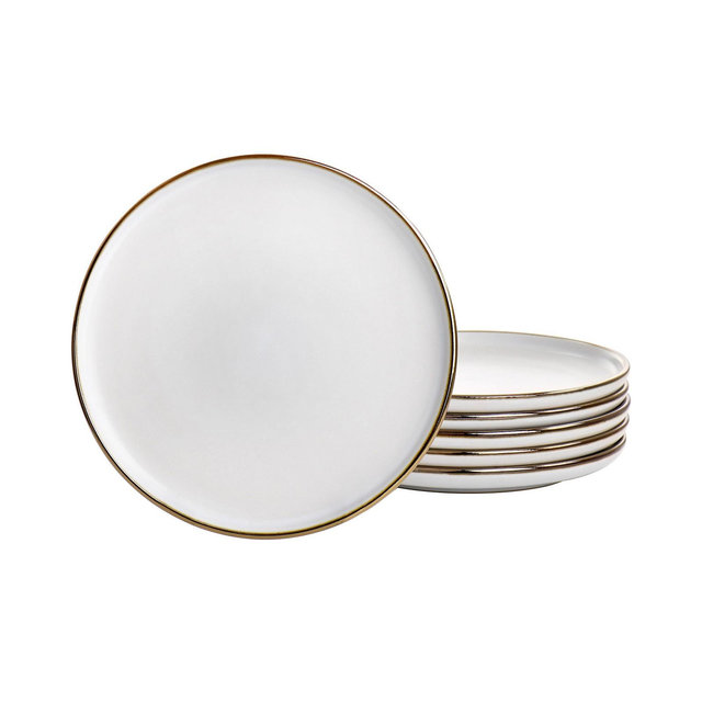 Elama Flat, Raised Rim, Gold-Tone Trim Alejandro 6 Piece Stoneware Salad Plate Set, Service for 6
