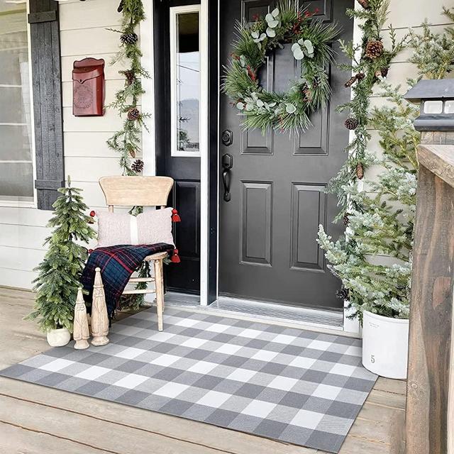 Buffalo Plaid Rug 3' x 5' Buffalo Check Rug Cotton Grey and White Washable Retro Lattice Checkered Gray Outdoor Rug Carpet for Farmhouse Living Room/Dining Room/Bedroom