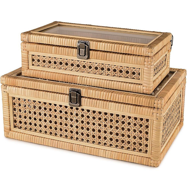 Negom Large Decorative Box Lid Display, Large Keepsake Memory Storage Box, Decorative Box Hinged Lid Woven Rattan Jewelry Box with Glass Boho Vintage Decor Craft Organizer. Rattan