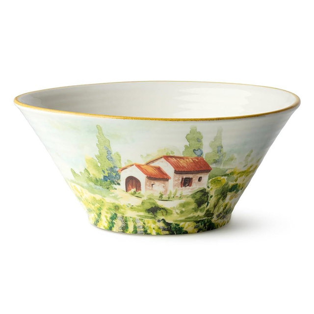 Tuscany Deep Stoneware Bowl for Pasta, Salad, or Serving – 11-Inch Scenic Italian Vineyard Design with 5-Inch Depth – Rustic Hand-Painted Look for Gatherings & Décor