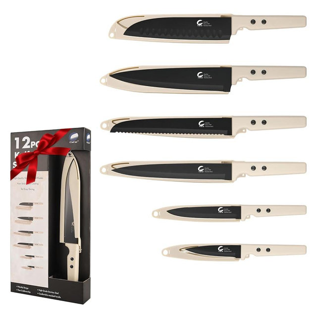CuCut 12-Piece Kitchen Knife Set, Nonstick Coating Chef Knives Set with 6 Blade Guards, Double Rivets, Dishwasher Safe, High Carbon Stainless Steel Blades for Cooking, Cutting, Chopping