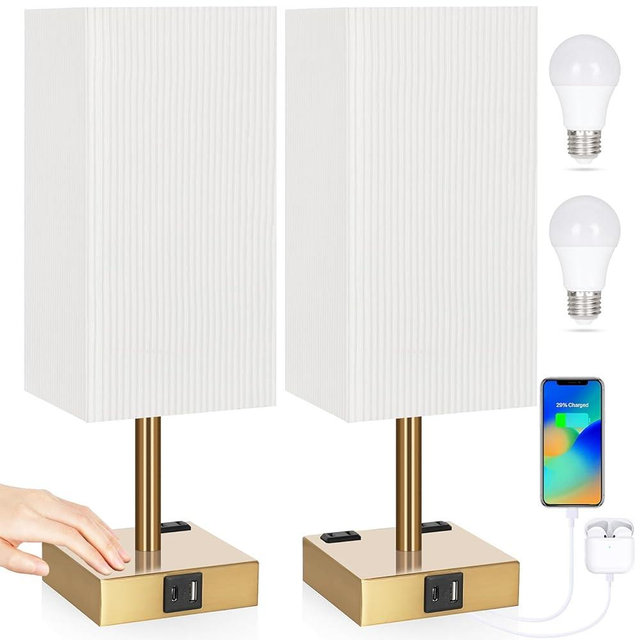 Soilsiu Set of 2 Bedside Table Lamp 3 Way Dimmable Nightstand Lamp with USB C & USB A Charging Port, 2 AC Outlets, 3000K LED Bulbs (Pleate)