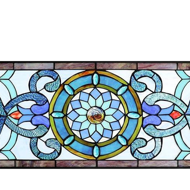 Yogoart Extra Large Horizontal 35 Inch Blue Victorian Stained Glass Window Panels Hanging Transom Window 12 Inch Wide