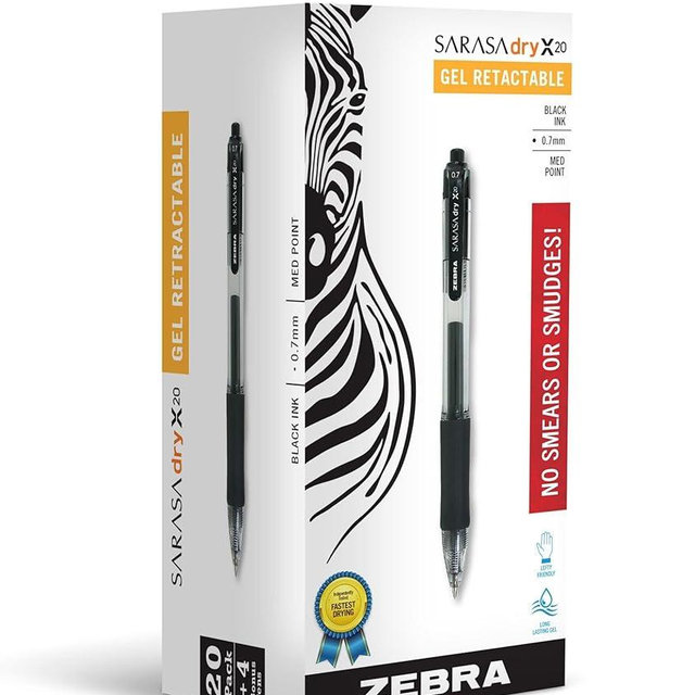Zebra Pen Sarasa Dry X20 Retractable Gel Pens, 0.7mm Medium Point, Black Ink with Rapid Dry Ink Technology, Ideal for Office Supplies and School Supplies, 24-Pack (ZEB14680)