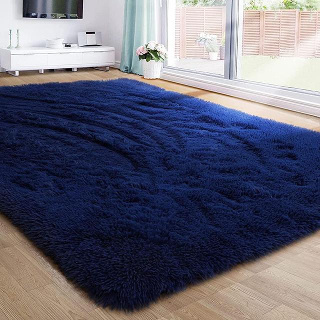 Dark Navy Fluffy Living Room Rugs, Furry Area Rug 6x9 for Bedroom, Shag Rug for Kids Room, Living Room Decor, Fuzzy Carpet for Nursery, Plush Rug for Game Room, Soft Shaggy Rug for Play Room