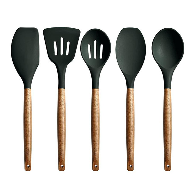 Miusco Non-Stick Silicone Cooking Utensils Set with Natural Acacia Hard Wood Handle, 5 Piece, High Heat Resistant (Green)