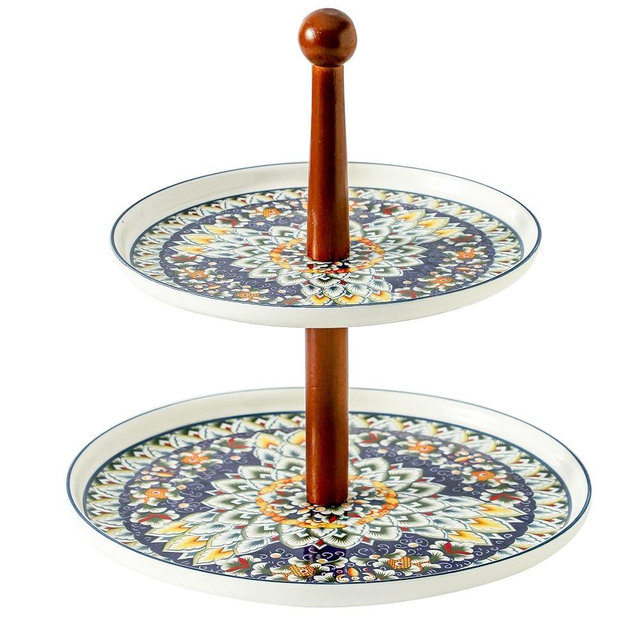 YELLOYA 2 Tiered Porcelain Dessert Stand Ceramic Plate, Tiered Serving Cake Stand, Round Bohemian Dessert Stand, Tiered Serving Tray for Weddings Parties Pastry - Durable Stainless Steel Rods (Blue)