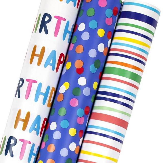 MAYPLUSS Birthday Wrapping Paper Roll - Mini Roll - 17 inch X 120 inch Per roll - Polka dots, Stripes Patterns (42.3 sq.ft.ttl)