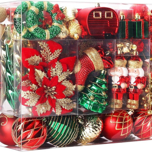 SHareconn 135pcs Christmas Balls Ornaments Set, Shatterproof Plastic Baubles, Ribbon and Tree Topper for Xmas Tree Holiday Wedding Party Decorations with Hanging Strings, Red, Green and Gold