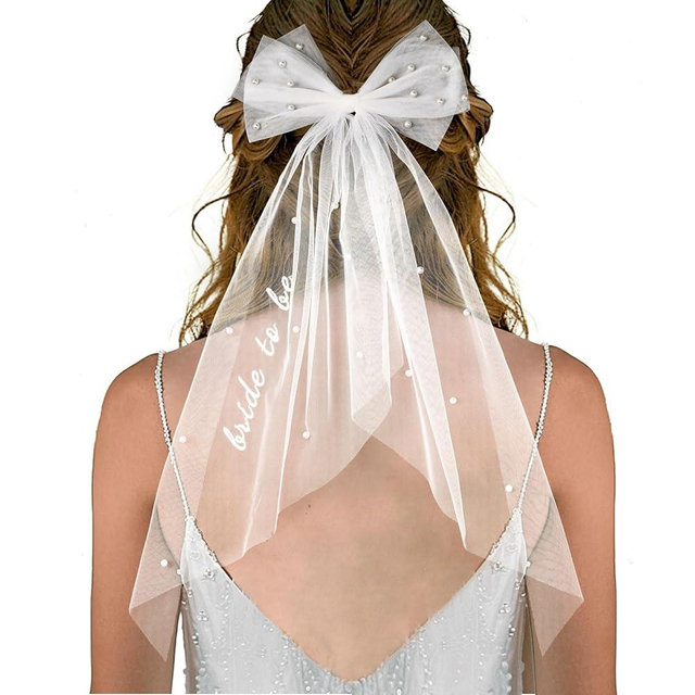 Bride to Be Embroidered Hair Bow Veil for Bachelorette Party Bridal Shower Tulle Pearl 2 Tier Bow Veil Engagement Accessory Bride Gift Velos De Novia (Style A)