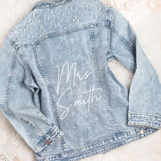 Bridal Shower Gift,Bride Denim Jacket with Pearls, Customized Personalized Jacket, Future Mrs. Mother's day gifts honeymoon Gifts, Elliana