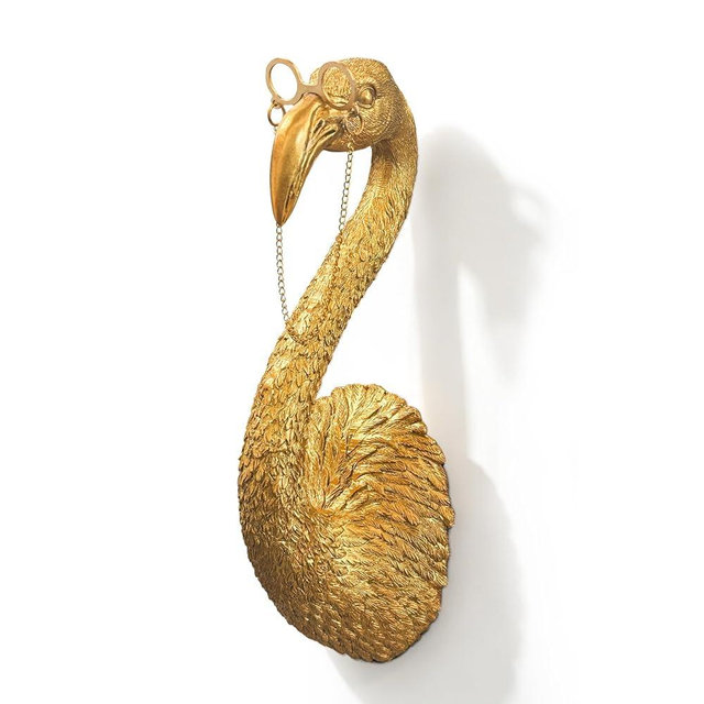 Juedawyal Gold Animal Heads for Wall - 8" Whimsical Flamingo Resin Animal Wall Decor with Gold Glasses & Chain - Quirky Tropical Bust for Bathroom, Nursery & Bedroom - Unique Art Deco Sculpture Gift