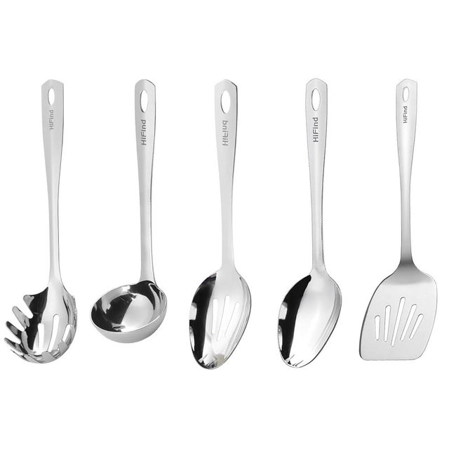 Stainless Steel Cooking Utensils Set, HIFIND 5PCS Kitchen Utensils Set, Durable Kitchen Gadgets, Ladle, Slotted Turner, Slotted Serving Spoon, Solid Serving Spoon, Pasta Fork