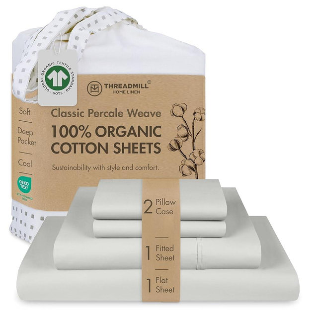 Threadmill Premium Organic Cotton Sheets - GOTS Certified - California King, 4 Piece, Light Grey - Healthy Bedding for All Types of Skin - Soft and Cool Bedset with Snug Fit for 16" Deep Pocket