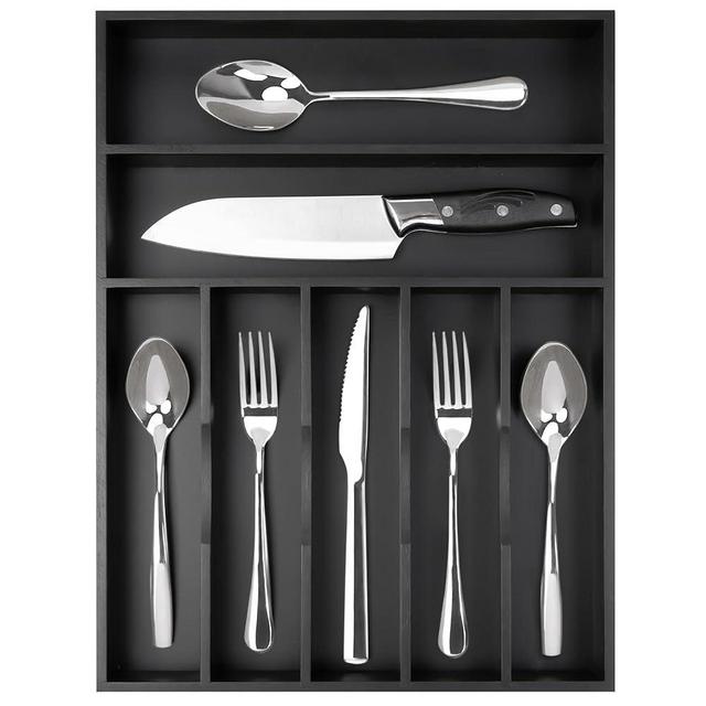 Besilord Silverware Organizer 13 Inch Black Bamboo Kitchen Drawer Organizer 7 Slots Utensil Organizer Silverware Holder Cutlery Organizer Flatware Tray