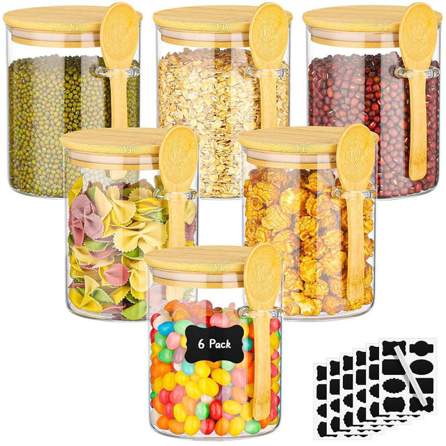 Kimqi Glass Jars with Bamboo Lids and Spoon - 6 Pack 26 Fl.oz Round Glass Canister with Airtight Lid, Includes Labels and Marker, Flour Sugar Containers Jar for Loose Tea, Cereal, Coffee Bean, Cookie