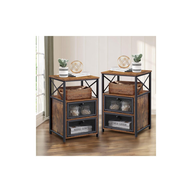 VECELO Modern NightStand Set of 2, End Side Table with Storage Space and Door, Nightstands with Flip Drawers for Living Room, Bedroom, Brown