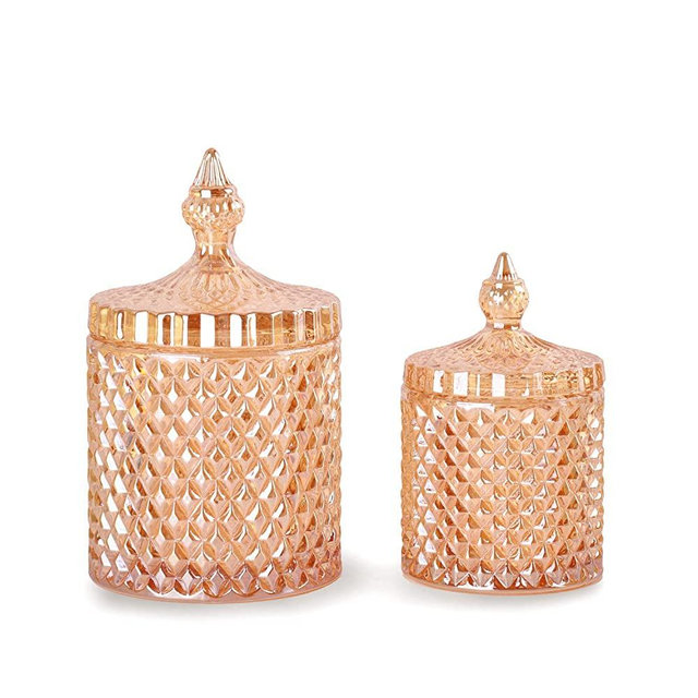 R FLORY Glass Jars Bathroom Storage Organizer Cute Qtip Dispenser Holder Vanity Canister Jar Glass with Lid Cotton Swabs Container 2 PCS/Set (Amber)