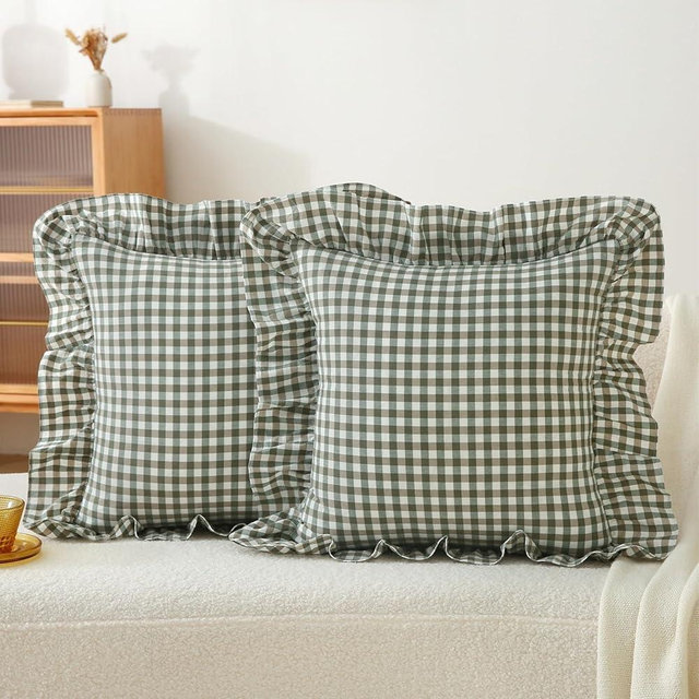 Jilboo 2 Pack 18 x18 inches Sage Green/White Checkered Throw Pillow Covers 100% Washed Cotton Vintage Ruffle Trim Decorative Gingham Pillowcases with Zipper Closure for Bed/Living Room