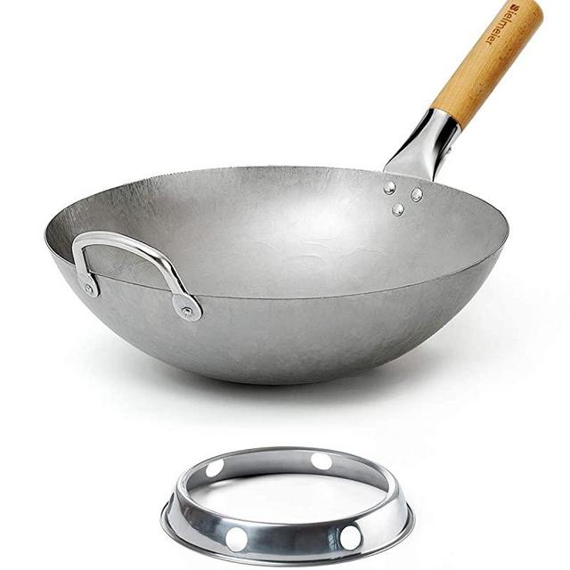 Bielmeier Traditional Hand Hammered Carbon Steel Pow Wok with Wok Ring (14 Inch, Round Bottom)