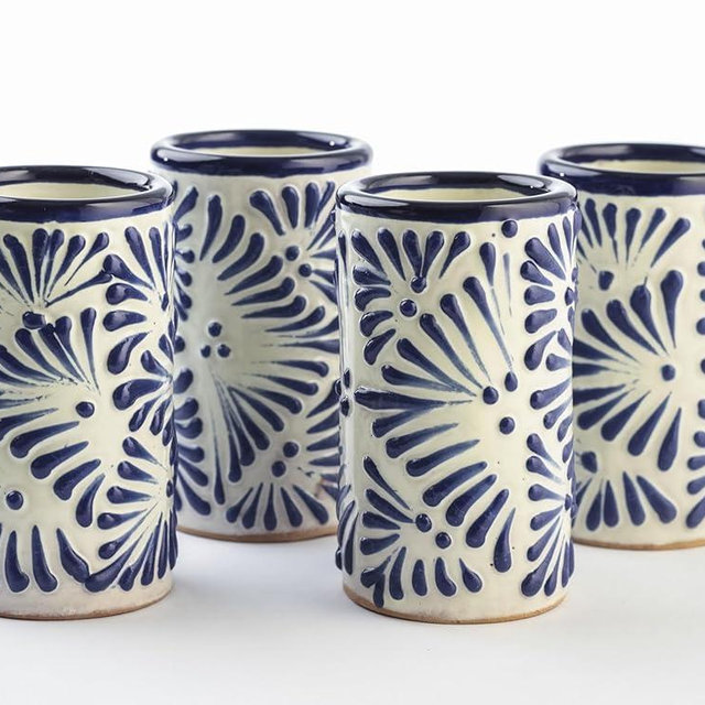 MEXTEQUIL - Talavera Shot Glasses Set of 4 Authentic Mexican Tequila Shot Glasses - Hand-painted - 2 Oz (Lathe-Turned Blue)