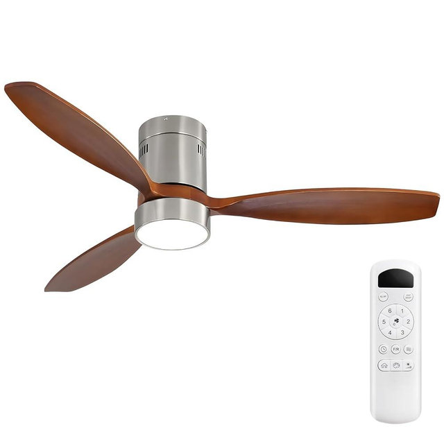 Sofucor 52 inch Wood Low Profile Ceiling Fans with Lights and Remote, Modern Flush Mount Quiet Ceiling Fan for Bedroom/Living Room/Farmhouse/Patio/Indoor/Outdoor,Reversible DC Motor,Sandy Nickel&Brown