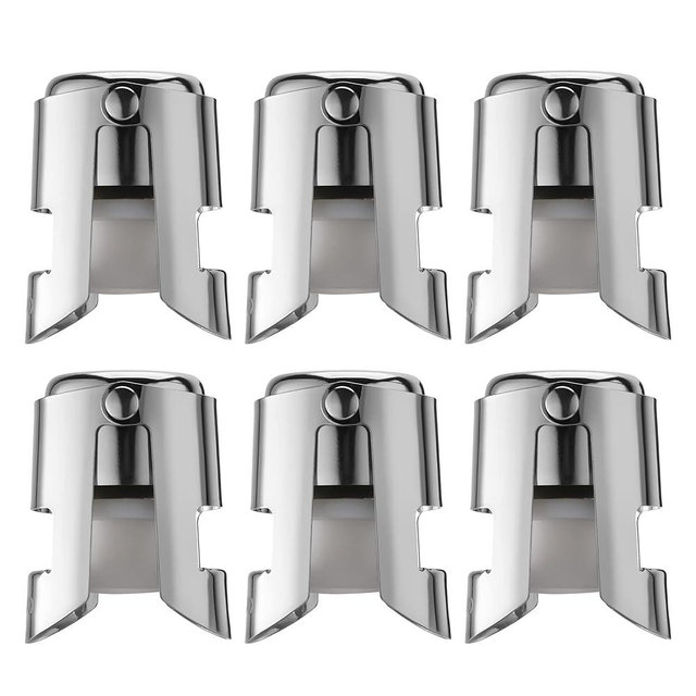 OUWO Champagne Stopper 6 Pack Stainless Steel Champagne Save with Food Grade Silicone，Leak-Proof Bubble Retaining Saver，Suitable for Champagne Prosecco Cava and Sparkling (Silver)