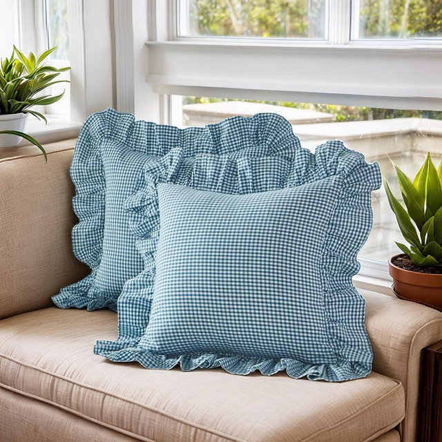 Lemfux Blue Ruffle Checked Decoratived Throw Pillow Cover Standard Size 18x18inch, Set of 2, Cotton Gingham Pillowcases Shabby Chic Pillow Cases Pillow Cover Coquette Pillow Covers