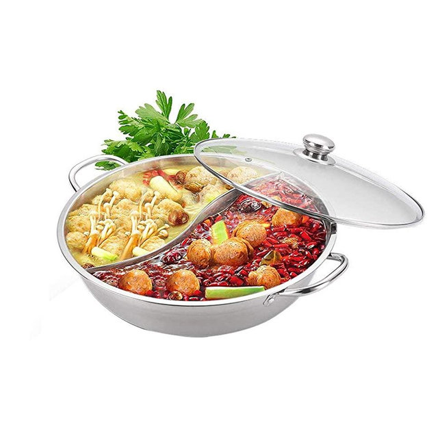Yzakka Stainless Steel Shabu Hot Pot with Divider for Induction Cooktop Gas Stove, 34cm, With Cover
