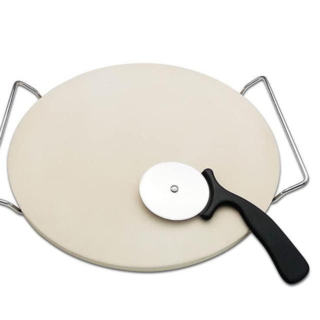 13.78 Inch Round Pizza Stones for Grill and Oven, Cordierite Baking Stones Set with Serving Rack & Cutter, Durable and Safe Cooking Stone Pan for Bread