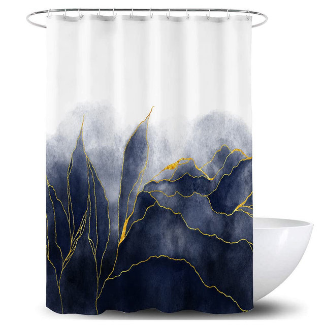 De-Mediocre Navy Blue Marble Shower Curtain Stylish Ombre Dark Blue and Gold Marble Leaves Bathroom Curtains Abstract White Golden Fabric Waterproof Polyester 72 x 72 Inches