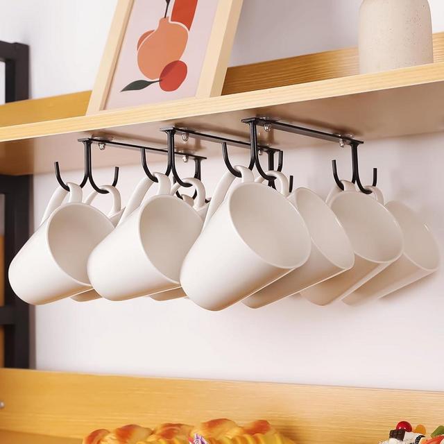 EigPluy Mug Hooks Under Cabinet,3 Pieces Under Cabinet Mug Holder,Under Shelf Mug Organizer Rack with 12 Hooks,Display Hanging Storage Hook for Mugs/Coffee Cups/Kitchen Utensils, Black