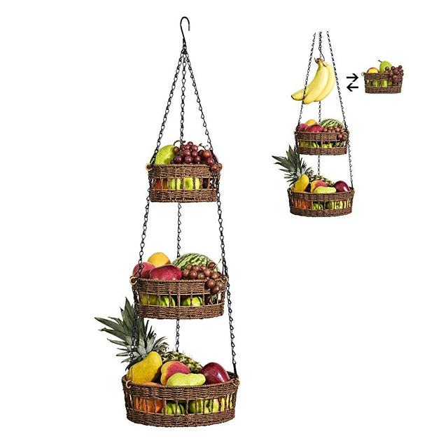 Hanging Fruit Basket 3 Tier - Free Up Countertop - Wicker Vegetable Storage and Fruit Organizer - Saves Space - Macrame Hanging Baskets for Kitchen with Banana Holder - Carries 20lb - Brown