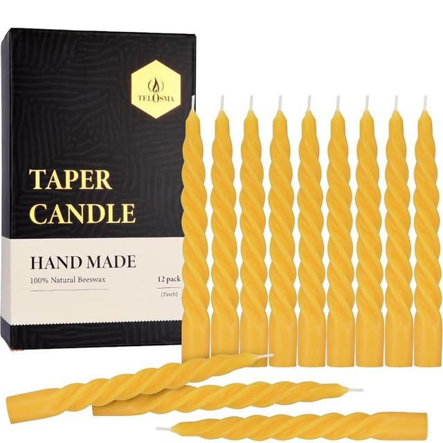 12 pcs Natural Beeswax Spiral Taper Candles, Dripless Long Candle Sticks for Dinner Wedding Party Christmas Home Decorations - 7 Inch Tall - Yellow