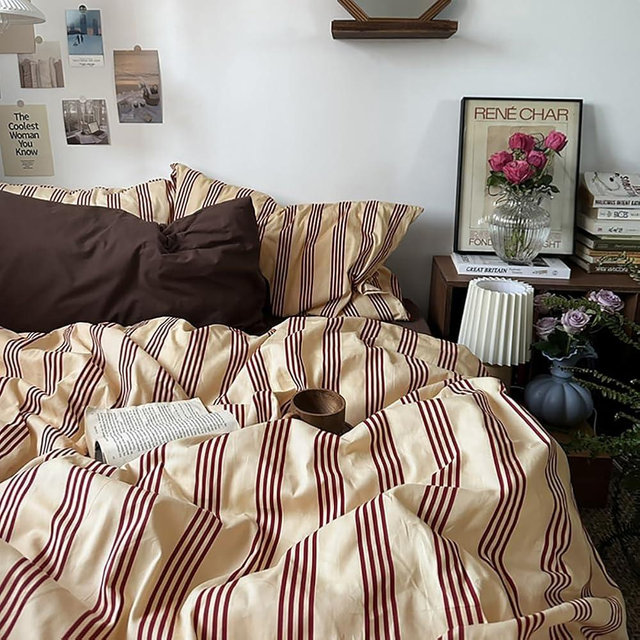 Nayoroom Striped Duvet Cover Queen Size Vintage Brown Striped Duvet Cover 3 Pieces 100% Washed Cotton Soft Breathable Girls Dorm Bedding Set for Hot Sleepers