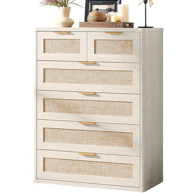 LEYAOYAO White Dresser for Bedroom Set of 2, 41" Tall Chest of Drawers, Modern 6 Drawers Boho Rattan Dressers with Storage, Dresser Wooden Closet Organizer for Living Room, Hallway