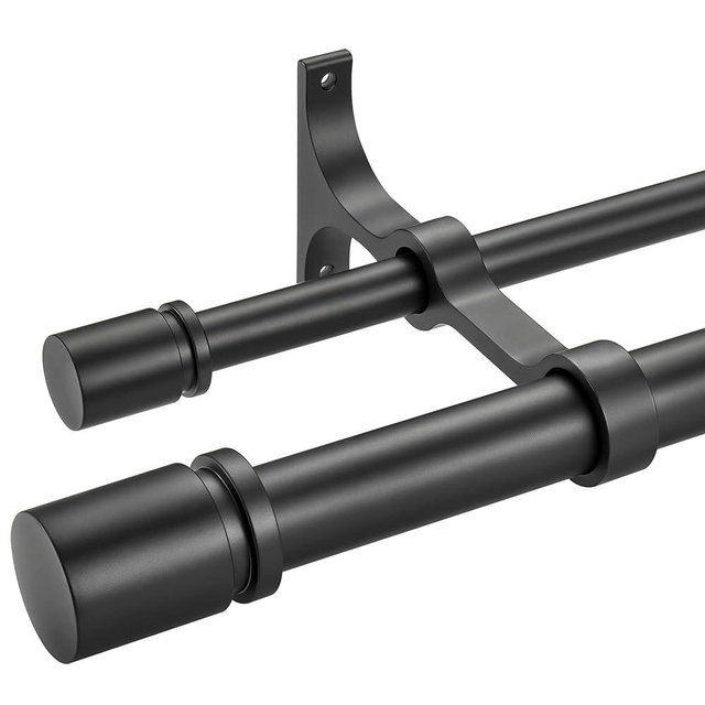 Double Curtain Rod 140 to 164 Inch,1 Inch Heavy Duty Curtain Rods for Windows with Solid Aluminum Cylindrical Finials and Bracket,1’’ Front and 5/8’’ Back Telescoping Double Drapery Rod,Black