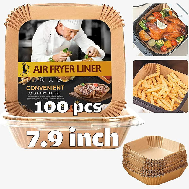 Air Fryer Disposable Paper Liner Square, 100Pcs 7.9 Inch Paper Liners for 3-6QT Air fryer, Non-stick Parchment Paper for Frying, Baking, Cooking, Roasting and Microwave - Unbleached