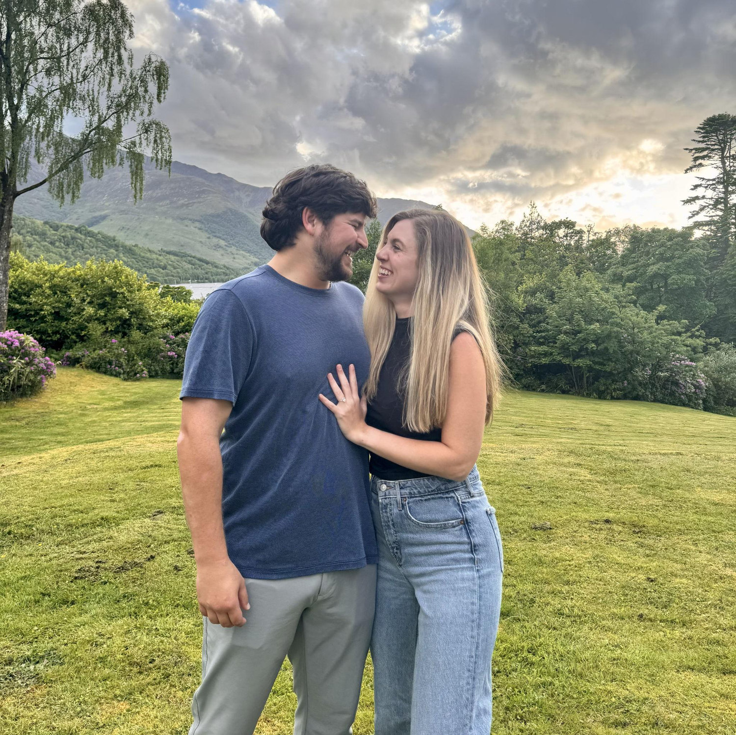 Right after we got engaged! Peter proposed privately in our hotel room in Glencoe. After sharing the excitement with family, we headed outside at sunset to take some photos.