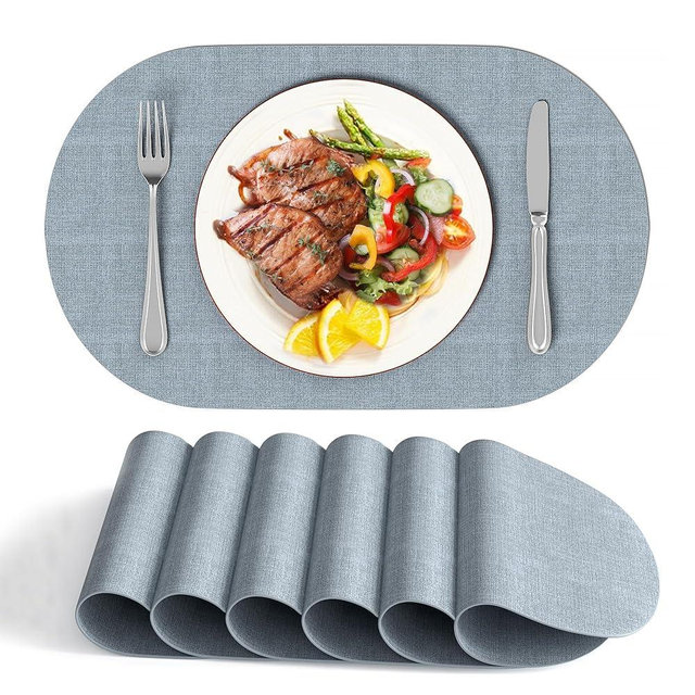 DOLOPL Placemats Set of 6, Oval Reversible Wipeable & Heat Resistant Place Mats, Modern Faux Leather Table Mats for Kitchen, Neutral Tablemats for Dining Table Decor, Wedding, Party(Dusty Blue)